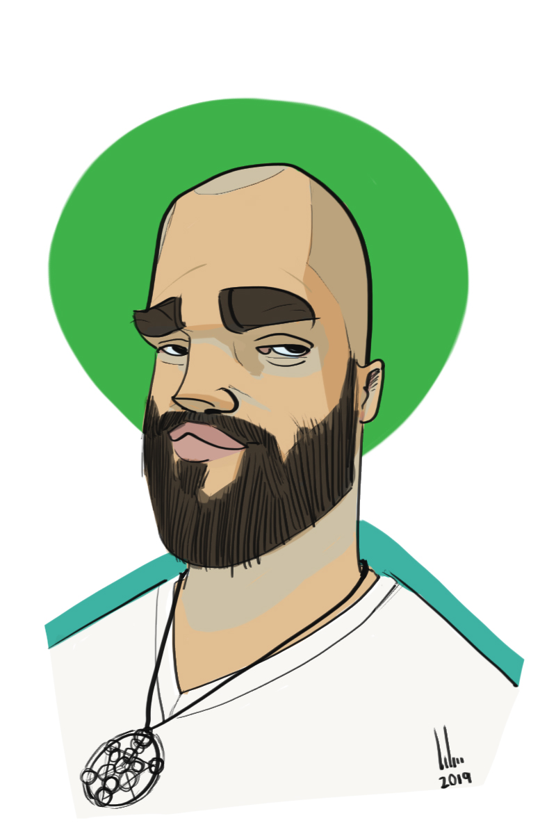 Colour digital caricature of a smiling guest